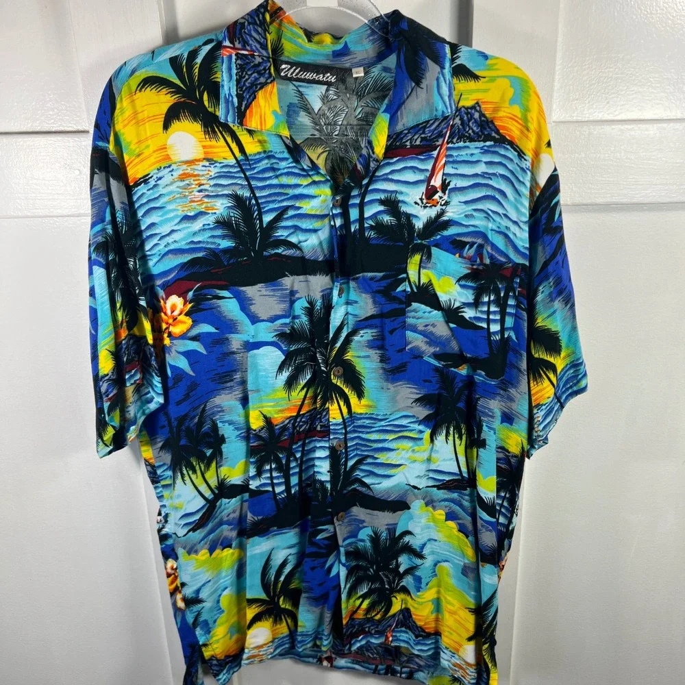 Uluwatu Mens XL Tropical Island Print Short Sleeve Button Down Hawaiian Shirt